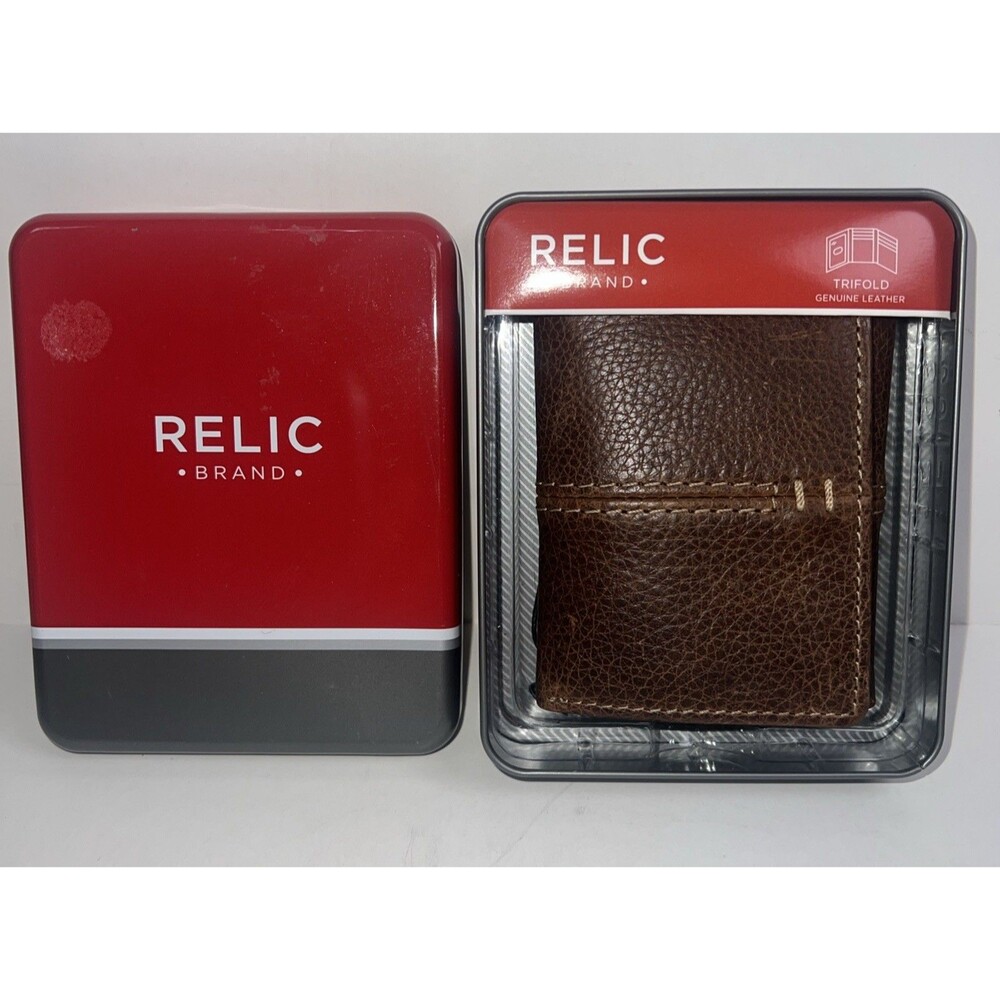 Relic Brown Leather Trifold Wallet W/Stitching RML5820200 Metal Case New